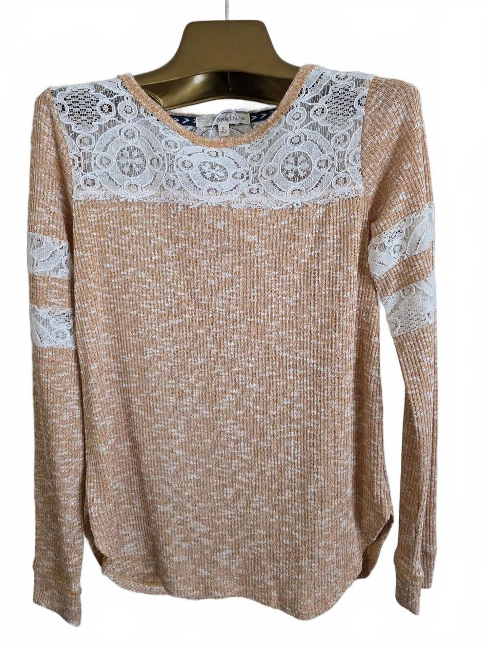 Rewind Women's Boho Beige Knit Long Sleeve Top White Lace Detail NWOT Small